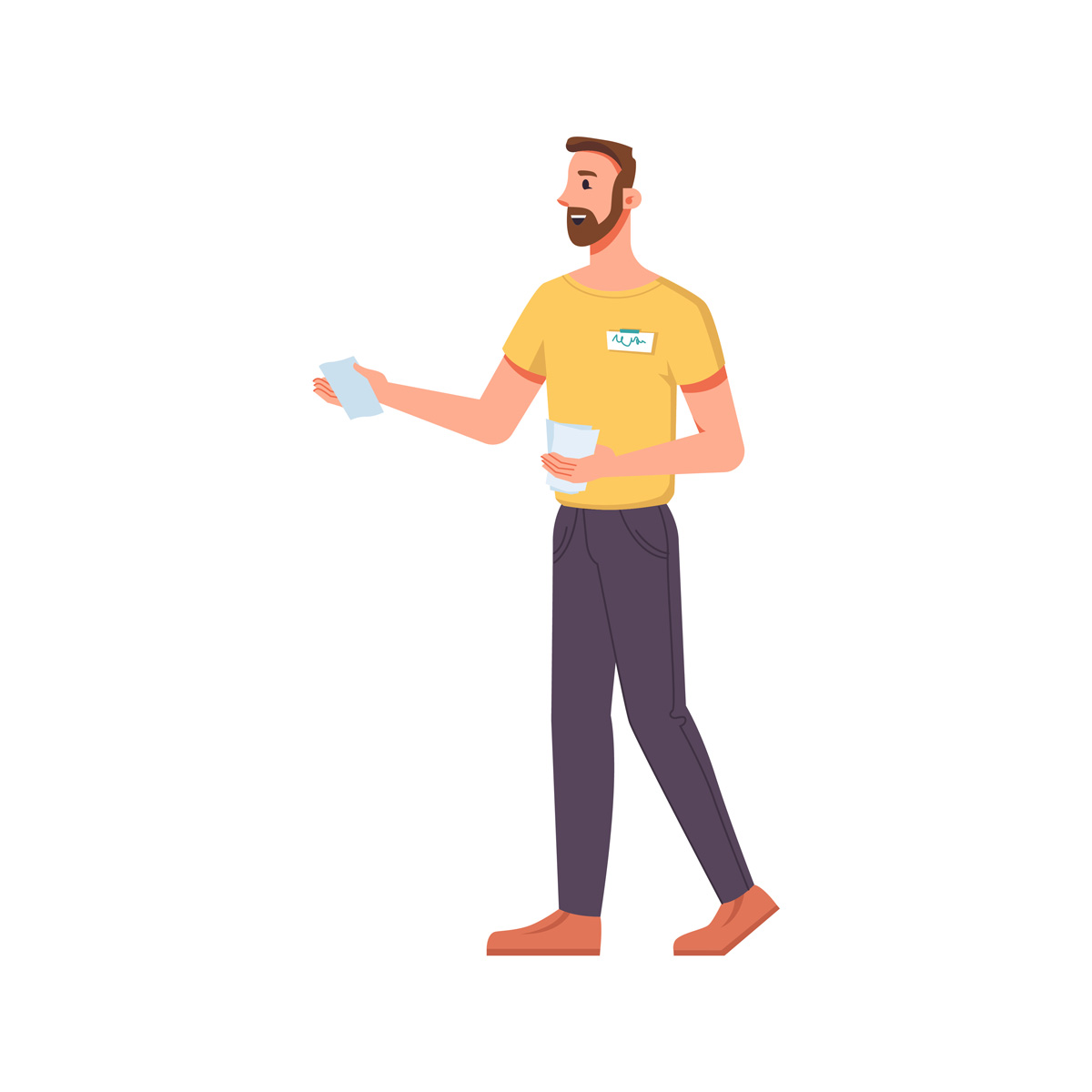 An illustration of a man in a yellow shirt passing out flyers in El Paso.