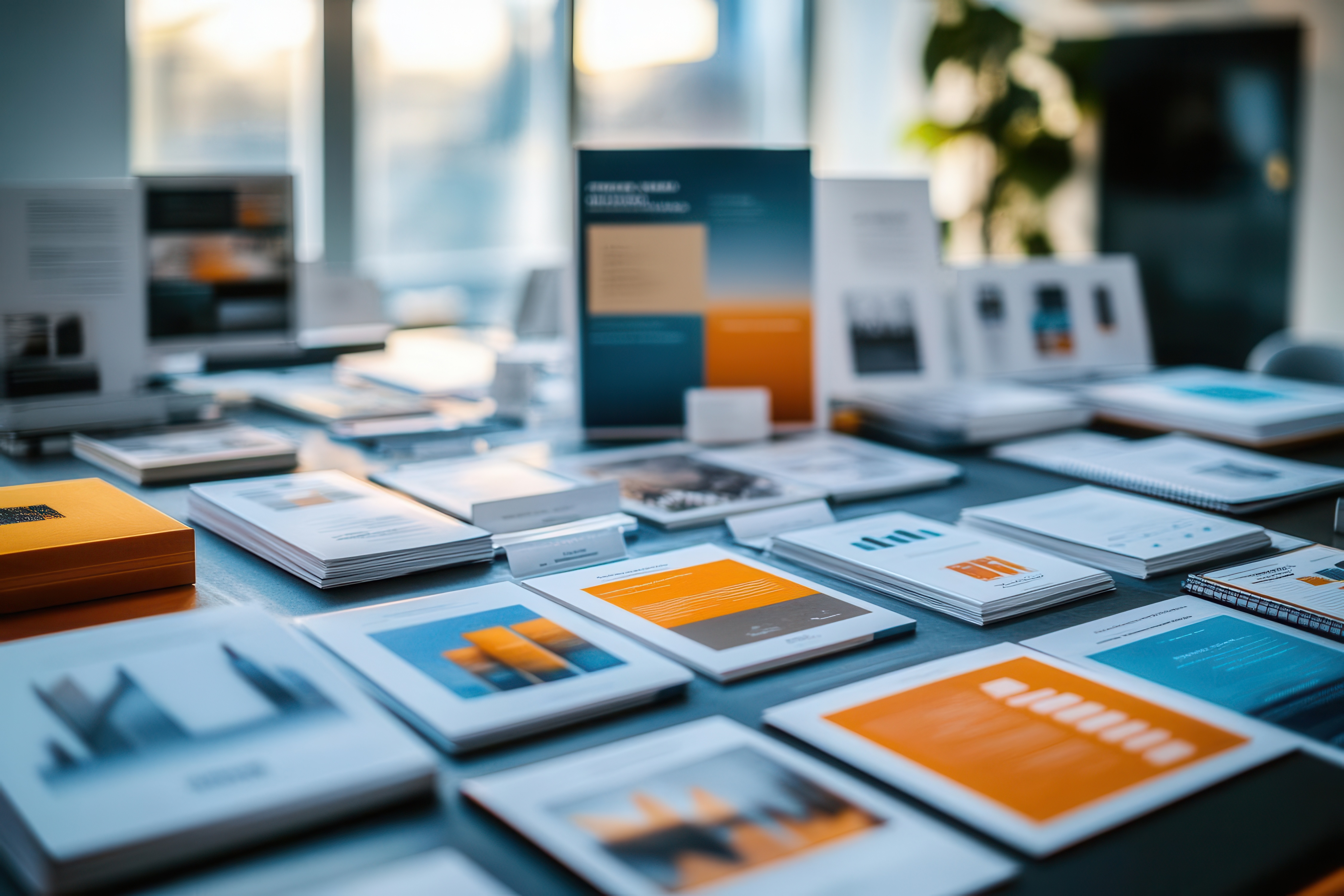 A variety of print marketing materials on a table